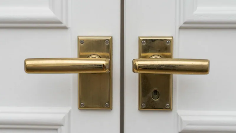 Zwei Messing-Türdrücker mit Schildern an einer weißen Flügeltür, rechts mit Buntbartschloss