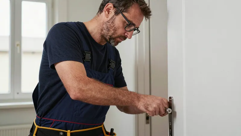Monteur mit Werkzeuggürtel arbeitet am Schlossbeschlag einer weißen Zimmertür