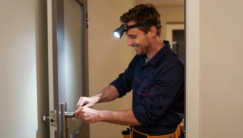 Monteur mit Stirnlampe arbeitet mit Handwerkzeug am Türgriff einer Innentür