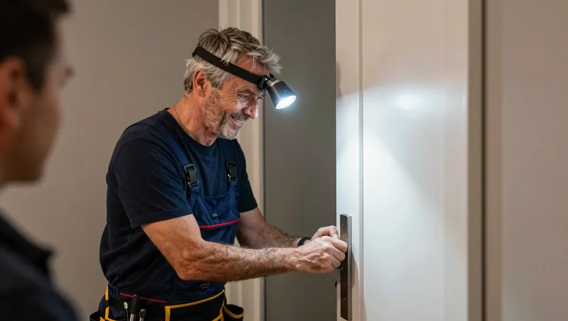 Monteur mit Stirnlampe arbeitet an der Schmalseite einer geöffneten Wohnungstür