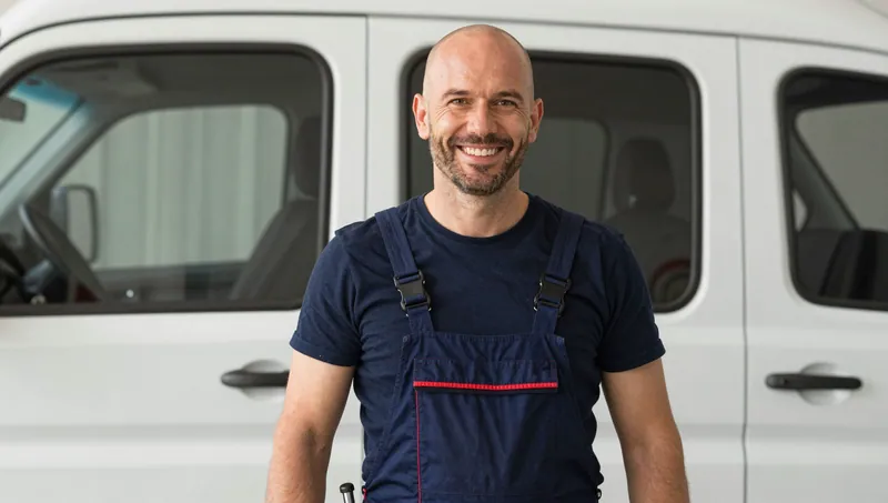Techniker in blauer Latzhose steht vor einem weißen Servicefahrzeug