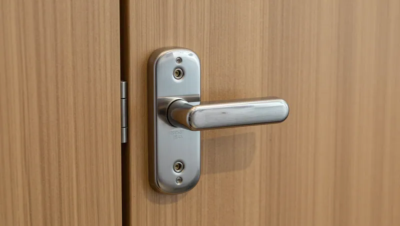 Edelstahl-Türdrücker mit ovalem Schild an einer hellen Holztür